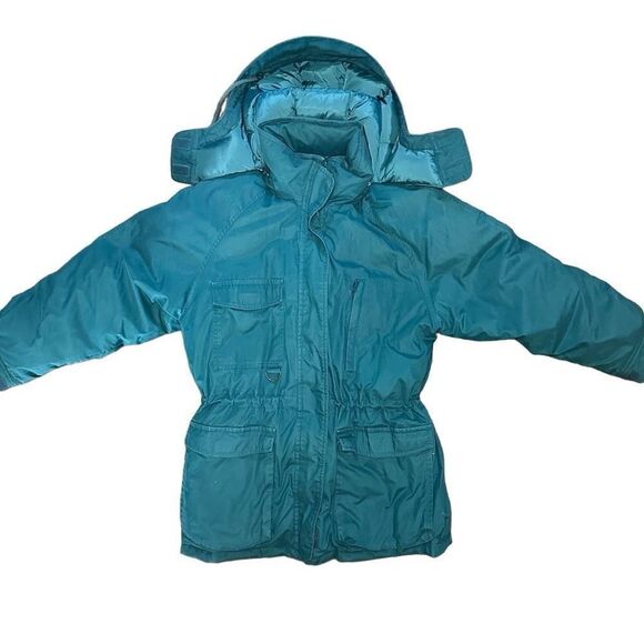 Vintage 90’s Eddie Bauer Women’s SNOWLINE Green Hooded Down Fill Parka Jacket Si - Picture 1 of 8
